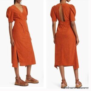 Du Paradis Burnt Orange Corduroy Dress Puff Sleeves Cutout Back Size Medium